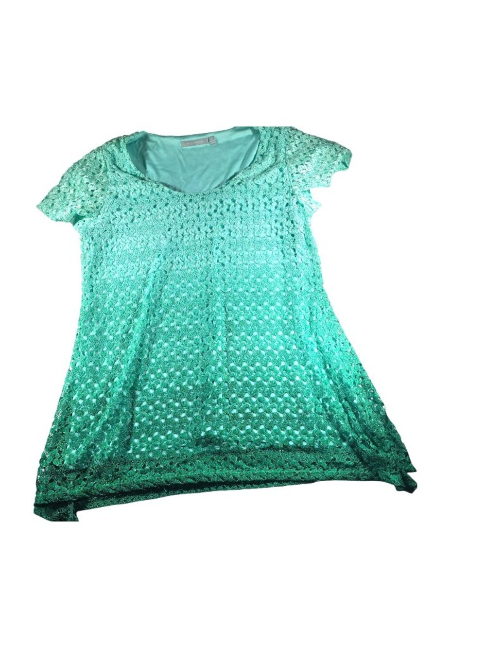 NY Collection Green Lace Overlay Short Sleeve Top Lined Womens M Shirt ombre